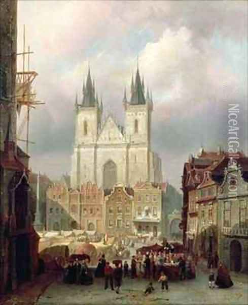 The Old Market Place at Prague Oil Painting - Cornelis Christiaan Dommelshuizen