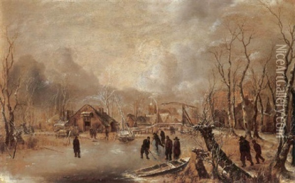 A Winter Landscape With Skaters And Kolf Players On A Frozen Waterway By A Village Oil Painting - Jan Van De Cappelle