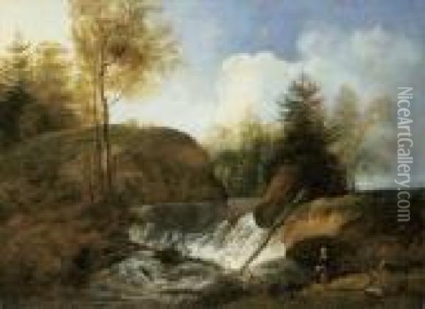Landschaft Mit Wasserfall, Hirtin Und Herde. Oil Painting - Johann Christian Klengel
