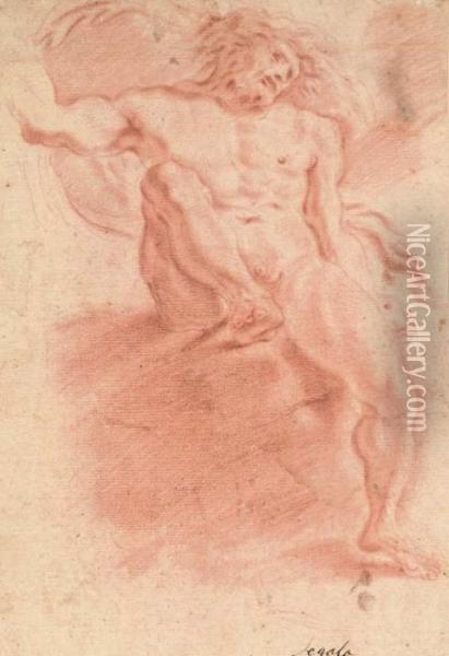 A Seated Nude Lifting His Right 
Leg: A Study For Jupiter Fulgator (recto); A Study Of A Seated Nude 
Holding A Staff (verso) Oil Painting - Domenico Maria Canuti