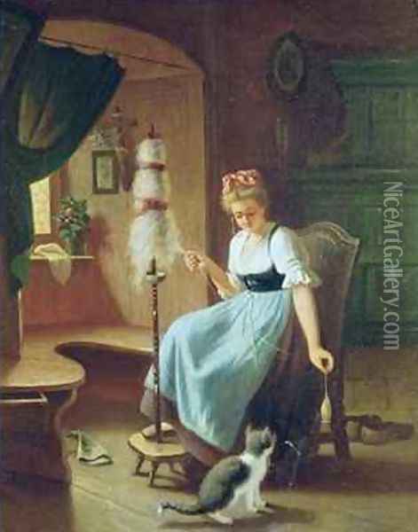 Girl at a Spinning Wheel Oil Painting - H Harcourt