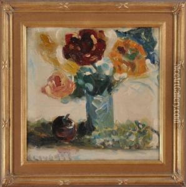 Roses With Apple & Oil Painting - Merton Clivette