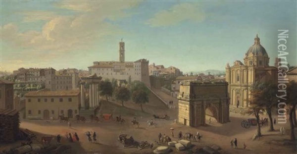 A View Of The Forum, Rome, With The Arch Of Titus And The Church Of Saints Luke And Martina, With Carriages And Elegantly Dressed Figures On Horseback Oil Painting - Giacomo van (Monsu Studio) Lint