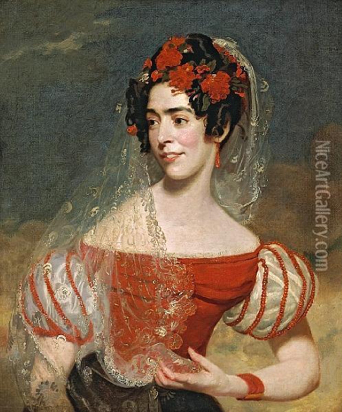 A Portrait Of A Lady In A Spanish Costume,thought To Be Miss Maria Foote Oil Painting - George Henry Harlow