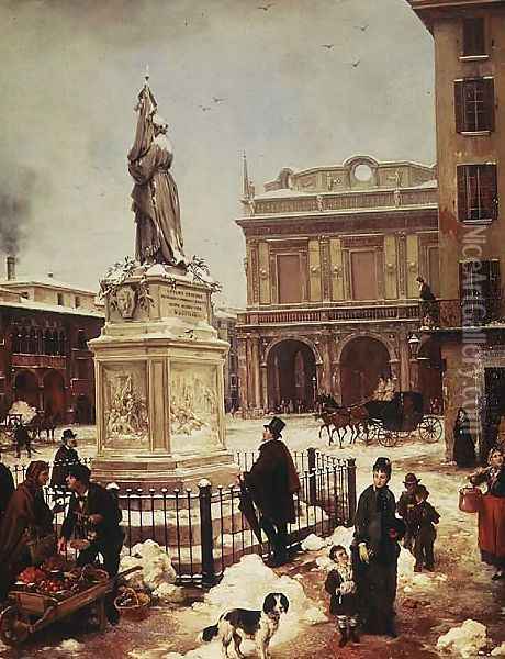 Piazza della Loggia under Snow Oil Painting - Angelo Inganni