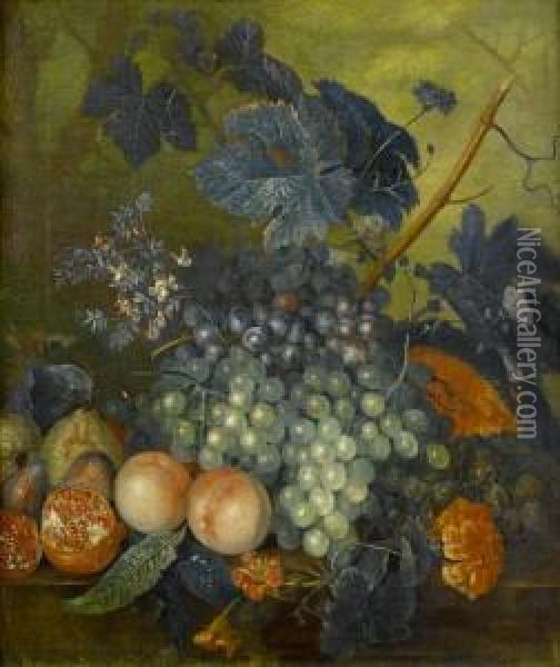 Peaches, Grapes, Pomegranates, A Melon, And Other Fruit With Flowers On A Stone Ledge Oil Painting - Jacob van Huysum