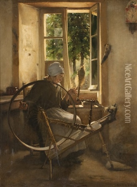 Bauerin Am Spinnrad Oil Painting - Eugene Vincent Vidal