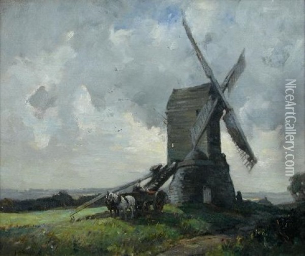 Heavy Horses And A Cart By A Windmill At Sunset Oil Painting - James Wallace