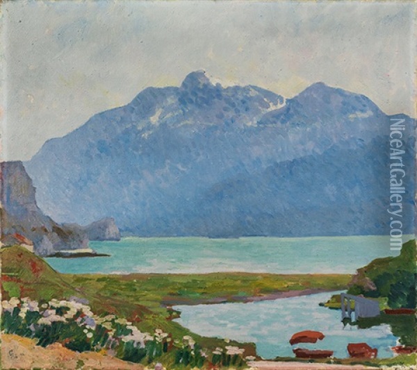 Mattino - Uferlandschaft Des Silsersees Bei Capolago, Mit Blick Auf Den Piz Corvatsch Oil Painting - Giovanni Giacometti