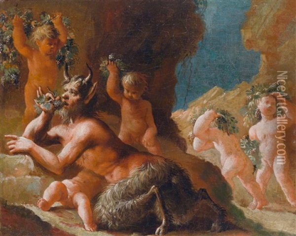 Bacchanal Mit Einem Satyr Und Putten Oil Painting - Nicolas Poussin