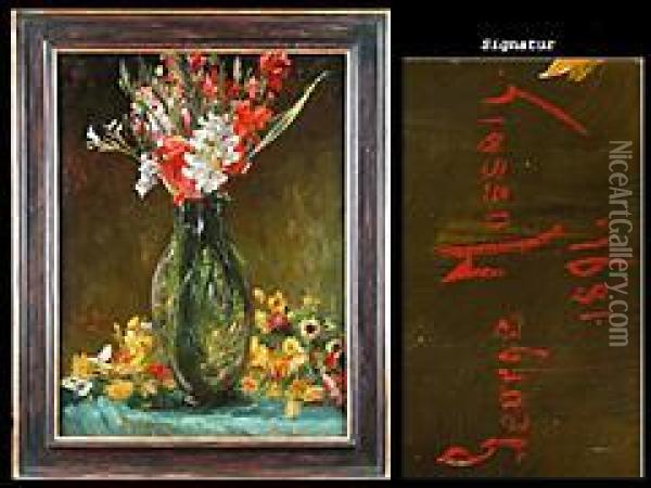 Gladiolen In Hoher Glasvase Und Oil Painting - Georges Mosson