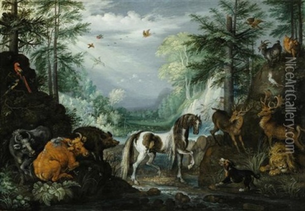 Paradieslandschaft Mit Tieren Und Dem Heiligen Hubertus Oil Painting - Roelandt Savery
