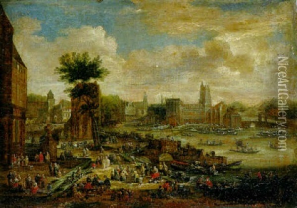 A Market In A Town On A River Oil Painting - Pieter Bout