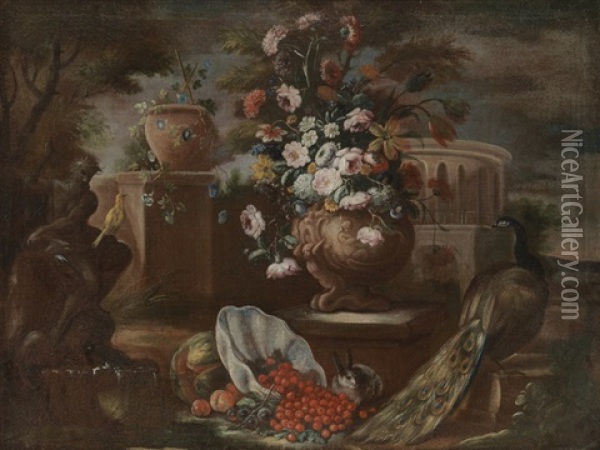 Grosses Blumen- Und Fruchtestillleben Mit Singvogel Und Pfau Oil Painting - Gasparo Lopez
