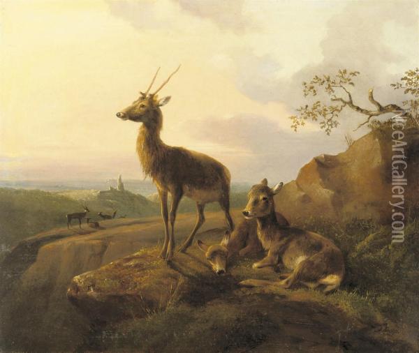 A Deer Overlooking A Valley At Dusk Oil Painting - Joseph Augustus Knip