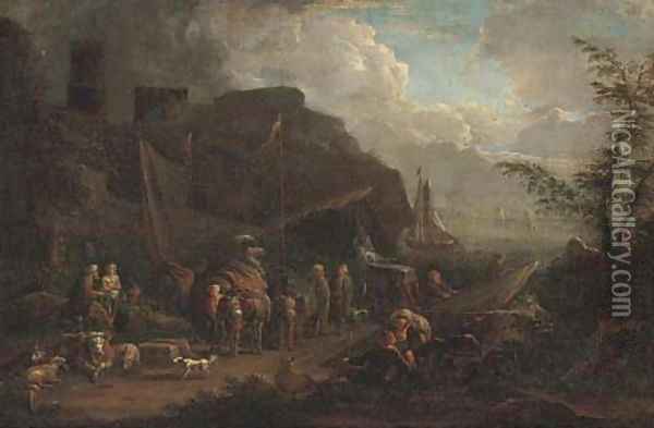A harbour scene with stevedores on the shore Oil Painting - Pieter Bout