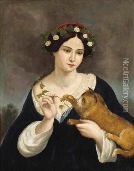 Portrait Of A Woman With A Cat And Ivy Oil Painting - Juan Cordero