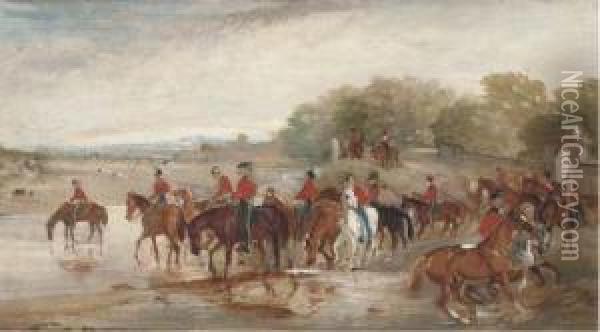 Officers Watering Their Horses At A River; And A Saddled Hunter By A Country House Oil Painting - John Jnr. Ferneley