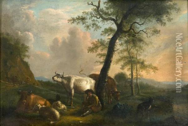 A Herdsman
Resting With Cattle Oil Painting - Balthasar Paul Ommeganck