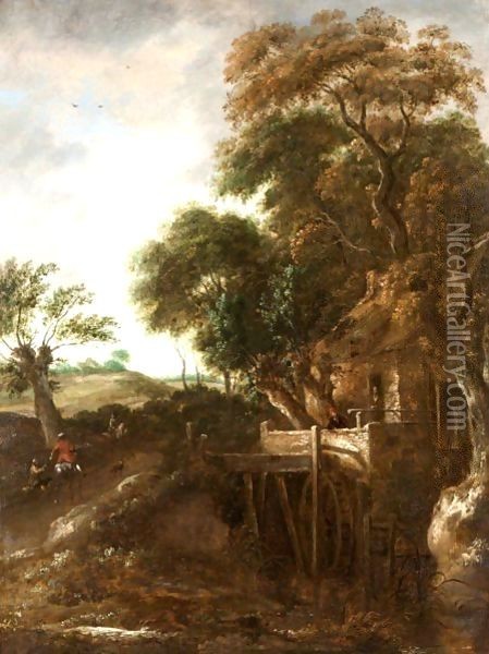 A Wooded River Landscape With A Mill And A Cavalier Giving Alms To A Beggar Oil Painting - Roelof Jansz. Van Vries