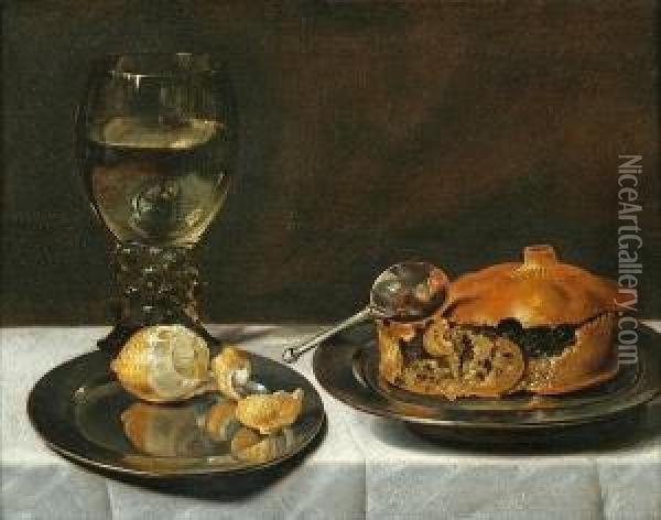 Still Life Of A Roemer, Lemon And A Meat Pie Oil Painting - Roloef Koets