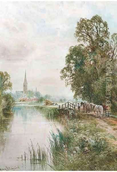 Harvesters before Salisbury Cathedral Oil Painting - Henry John Kinnaird