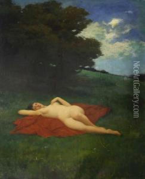 Liegender Weiblicher Akt In Sommerlandschaft Oil Painting - Ludwig Von Zumbusch