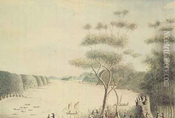 View in Broken Bay, New South Wales, 1788 Oil Painting - William Bradley