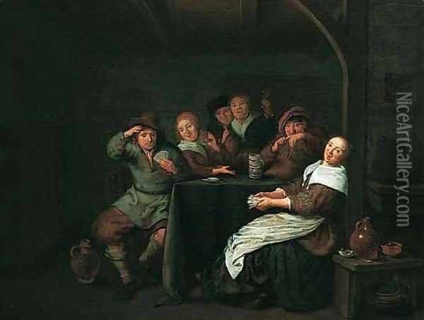 Interior With Figures Drinking And Playing Cards At A Table Oil Painting - Jan Miense Molenaer