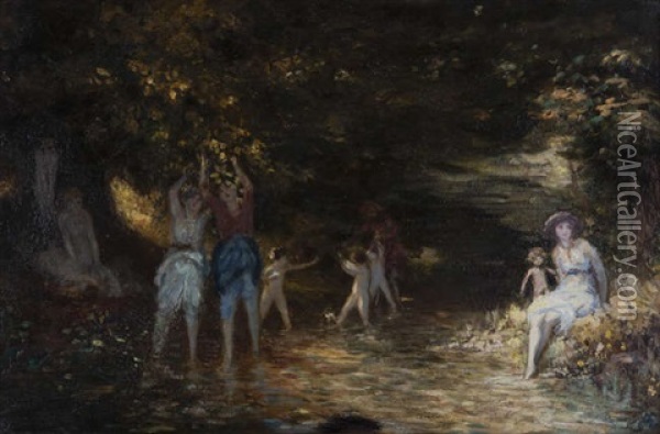Figures Dancing In A Sunlit Glade Oil Painting - George Russell