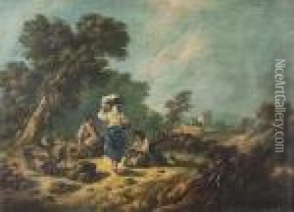 Ziegenhirte Und Bauerinnen In Bewaldeter Landschaft. Oil Painting - Jean-Baptiste Pillement