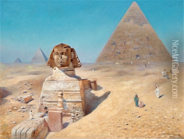 Vy Over Sfinxen Med Chefrens Pyramid I Bakgrunden Oil Painting - Frans Wilhelm Odelmark