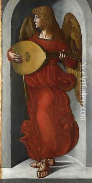 An Angel in Red with a Lute Oil Painting - Leonardo Da Vinci