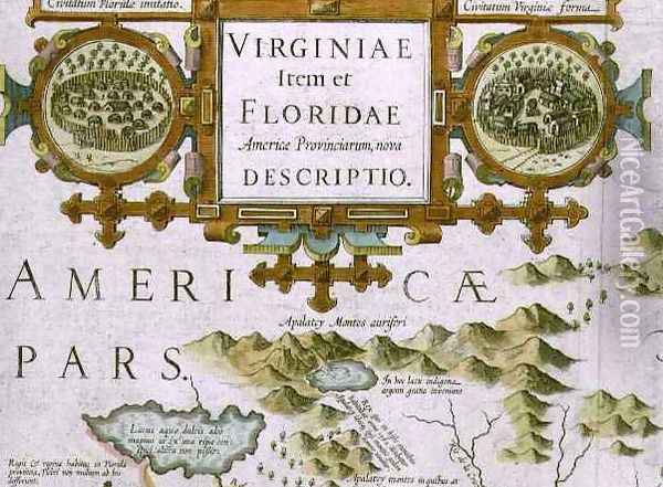 Title cartouche and insets detail of the map of North Carolina titled Virginiae item et Floridae from the Mercator Atlas Oil Painting - Jodocus Hondius