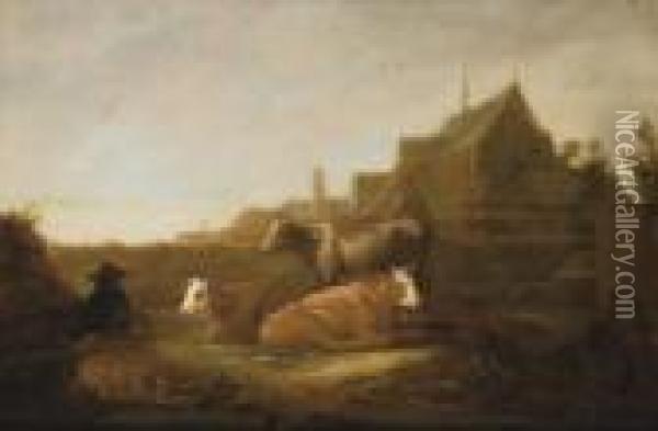 A Herdsman And Cows In A Field With The Duitsche Huis And Mariakerk, Utrecht, Beyond Oil Painting - Aelbert Cuyp