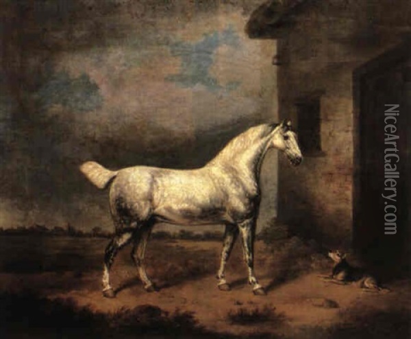 A Grey Hunter And A Dog Before A Stable Oil Painting - Henry Bernard Chalon