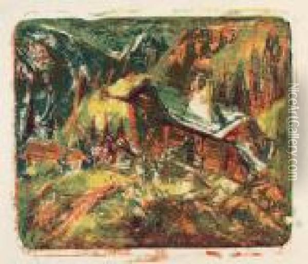 Berghaus Stafelalp. - Kirchners Hutte Auf Der Stafelalp 1919 Oil Painting - Ernst Ludwig Kirchner