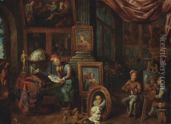 The Artist's Studio, With The Master Holding A Drawing By A Table, A Pupil Portraying A Musician, And Other Pupils In The Background Oil Painting - Gerard Thomas