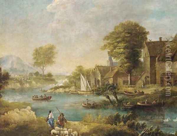 A river landscape with fishermen and shepherds by a village Oil Painting - Francesco Zuccarelli
