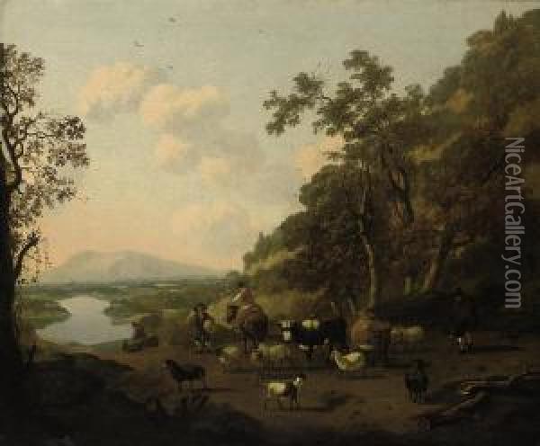 An Italianate Landscape With Drovers And Their Herds On A Track Oil Painting - Abraham Jansz Begeyn