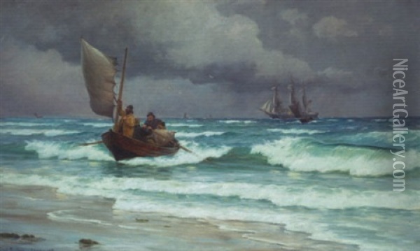 Kystparti Fra Skagen, Med Fiskere Der Gar I Land Og Sejlskibe Pa Havet Oil Painting - Carl Ludvig Thilson Locher