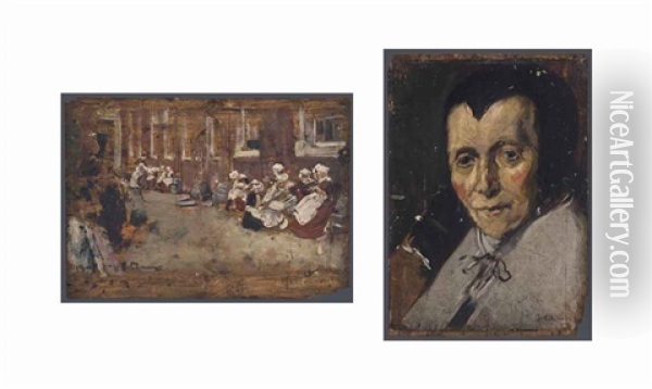 Old Woman - Copy After Franz Hals (recto); Study Of Freimuinde Im Amsterdamer Waisenhaus (verso) Oil Painting - Max Liebermann