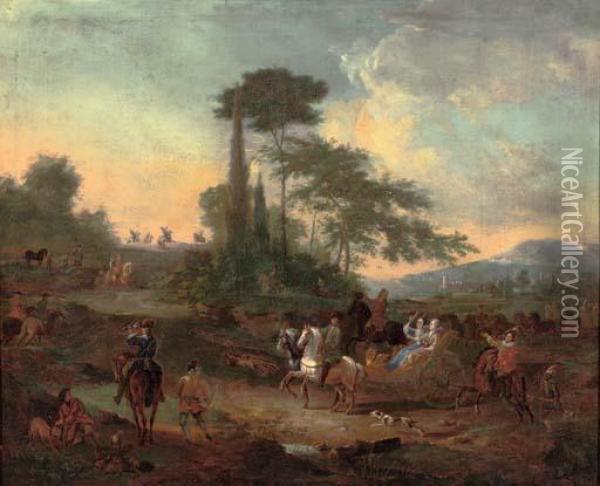 A Falconry Hunt In A Wooded Landscape With An Elegant Party In A Horse-drawn Carriage Oil Painting - Jan von Huchtenburgh