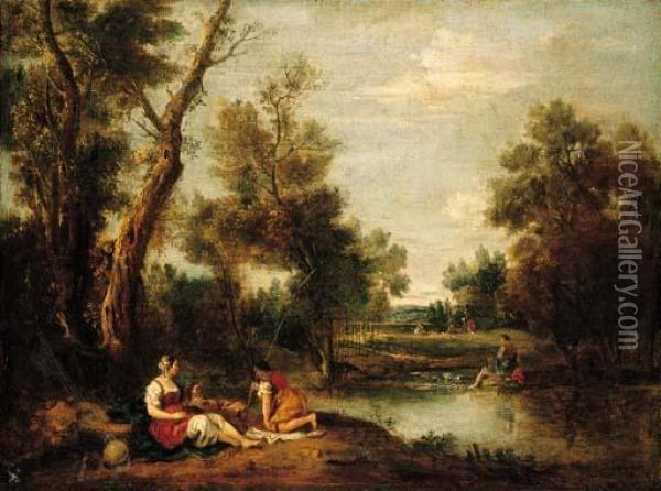 A Wooded River Landscape With Figures Resting On A Bank Oil Painting - Francesco Zuccarelli