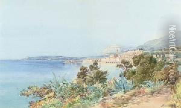 Au Bord De La Mer, Menton Oil Painting - Ernest Louis Lessieux