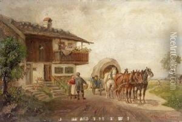 Vierspanniger Planwagen Vor Einem
 Bauernhaus. Oil Painting - Ludwig Muller-Cornelius