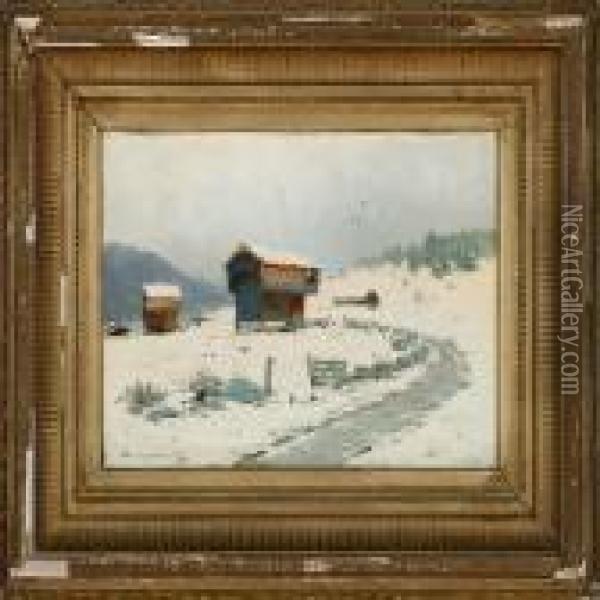 Cabins In The Snow Oil Painting - Ludvig Skramstad