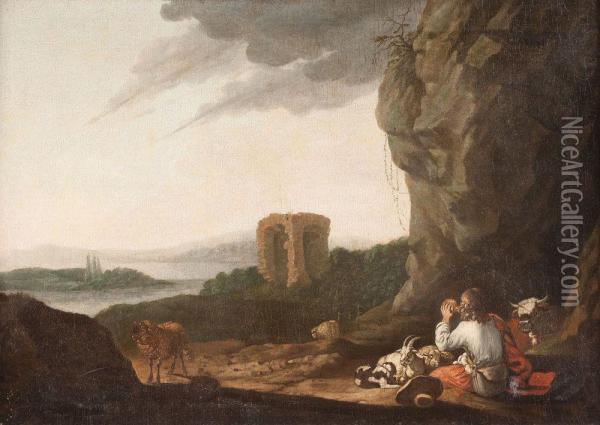 Bauer Mit Rind Und Schafherde In Felsiger Ruinenlandschaft Oil Painting - Johann Melchior Roos