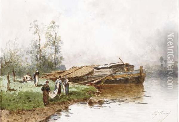 Lavandieres Et Pecheurs Au Bord D'une Riviere Oil Painting - Ciceri, Eugene