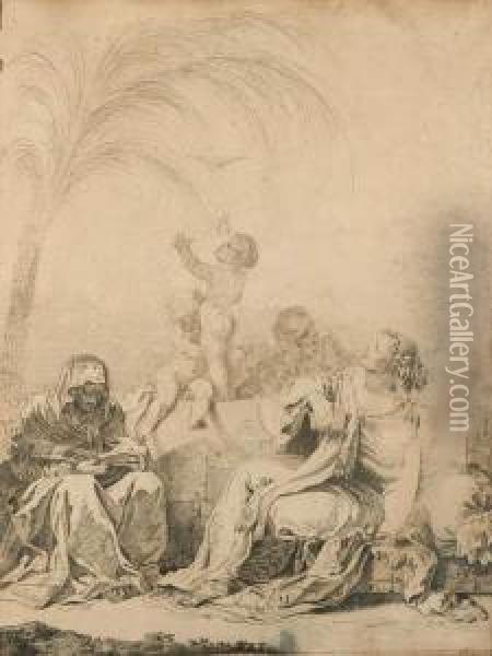 Sacra Famiglia Con Sant'elisabetta E San Giovannino Su Sfondo Di Paesaggio Oil Painting - Giuseppe Palmieri
